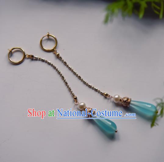 Chinese Ancient Princess Blue Tassel Ear Accessories Traditional Hanfu Earrings for Women