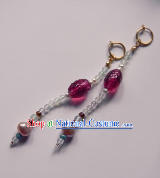 Chinese Ancient Princess Purple Crystal Bead Ear Accessories Traditional Hanfu Earrings for Women