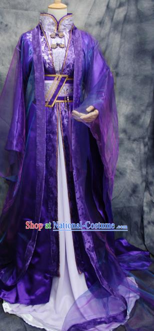 Traditional Chinese Cosplay Swordsman King Purple Costume Ancient Royal Highness Hanfu Clothing for Men