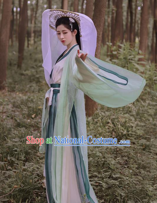 Traditional Chinese Jin Dynasty Swordswoman Historical Costume Ancient Court Princess Green Hanfu Dress for Women