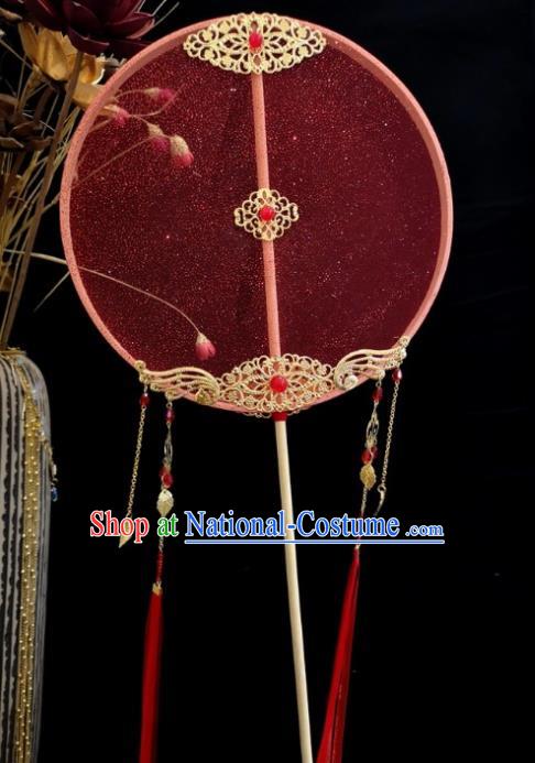 Chinese Ancient Princess Wedding Red Silk Palace Fans Traditional Hanfu Round Fan for Women