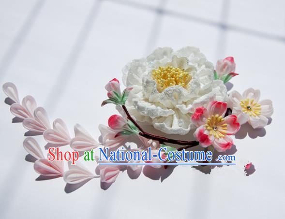 Japanese Geisha Kimono White Peony Tassel Hair Claw Hairpins Traditional Hair Accessories for Women