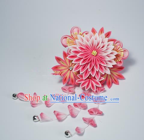 Japanese Geisha Kimono Pink Chrysanthemum Tassel Hair Claw Hairpins Traditional Yamato Hair Accessories for Women