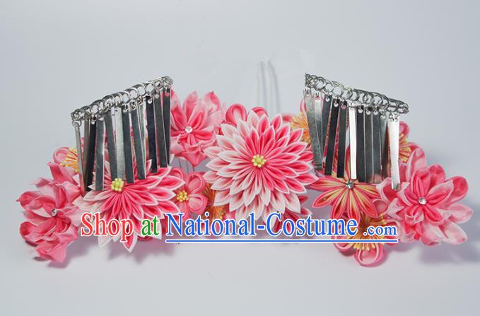 Japanese Geisha Kimono Pink Chrysanthemum Hair Crown Hairpins Traditional Yamato Hair Accessories for Women