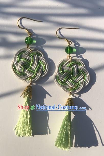 Japanese Ancient Green Tassel Thread Ear Accessories Traditional Kimono Earrings for Women