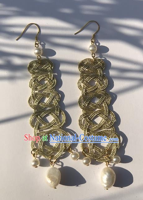 Japanese Ancient Golden Thread Pearl Ear Accessories Traditional Kimono Earrings for Women