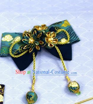 Japanese Geisha Kimono Green Bowknot Bells Tassel Hair Claw Hairpins Traditional Yamato Hair Accessories for Women