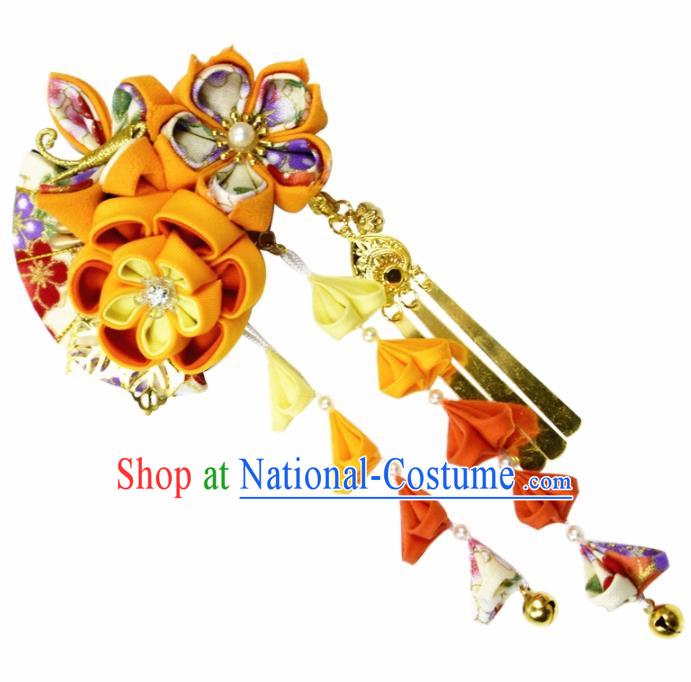 Japanese Geisha Kimono Orange Sakura Bells Tassel Hair Claw Hairpins Traditional Yamato Hair Accessories for Women