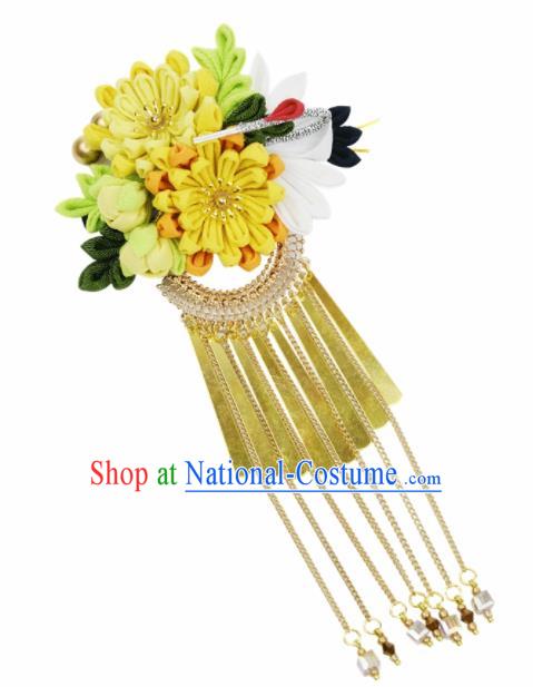 Japanese Geisha Oiran Kimono Chrysanthemum Crane Tassel Hair Claw Hairpins Traditional Yamato Hair Accessories for Women