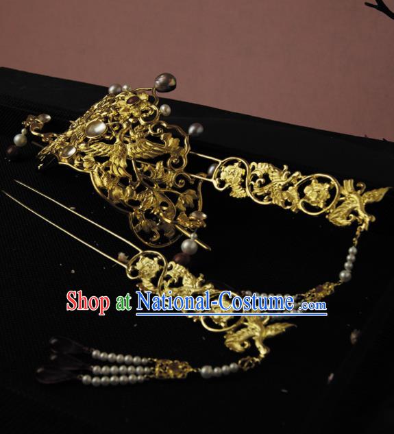 Chinese Ancient Ming Dynasty Golden Crane Hairpins Hair Crown Traditional Hanfu Hair Accessories for Women