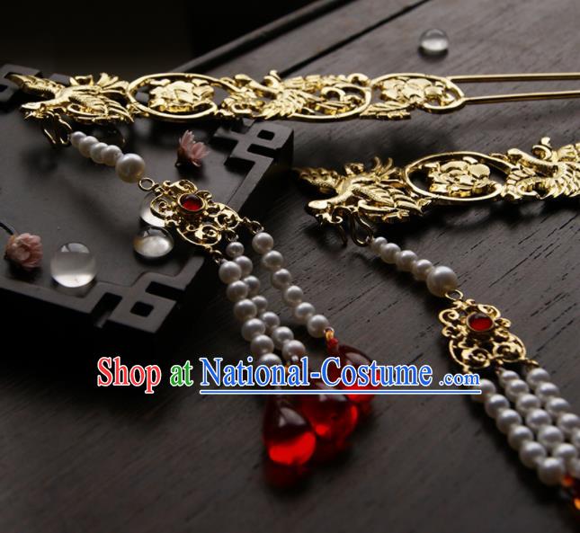 Chinese Ancient Ming Dynasty Golden Crane Tassel Hairpins Step Shake Traditional Hanfu Hair Accessories for Women