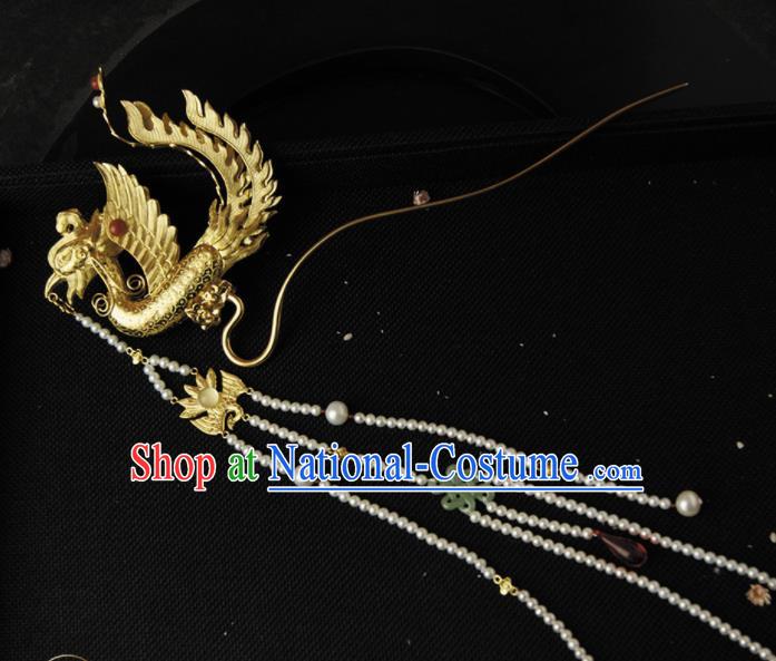 Chinese Ancient Ming Dynasty Golden Phoenix Tassel Hairpins Step Shake Traditional Hanfu Hair Accessories for Women