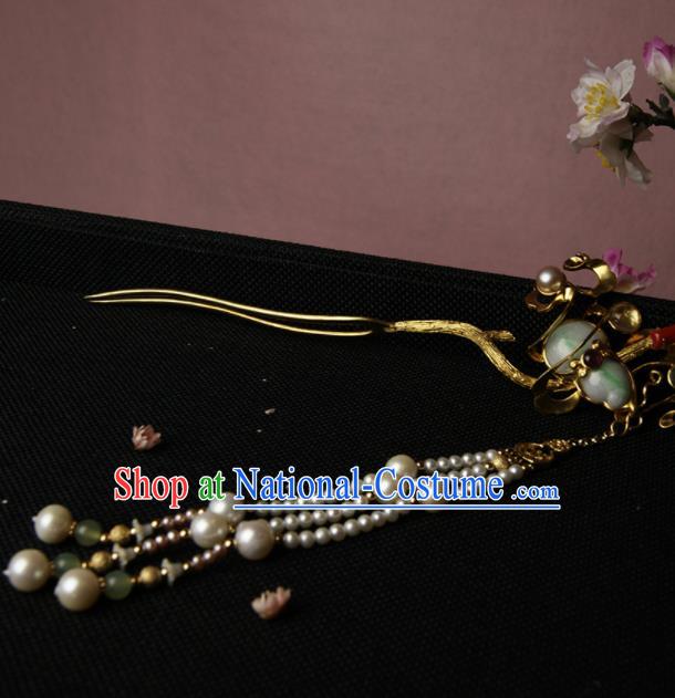 Chinese Ancient Ming Dynasty Jade Cucurbit Tassel Hairpins Hair Clip Traditional Hanfu Hair Accessories for Women