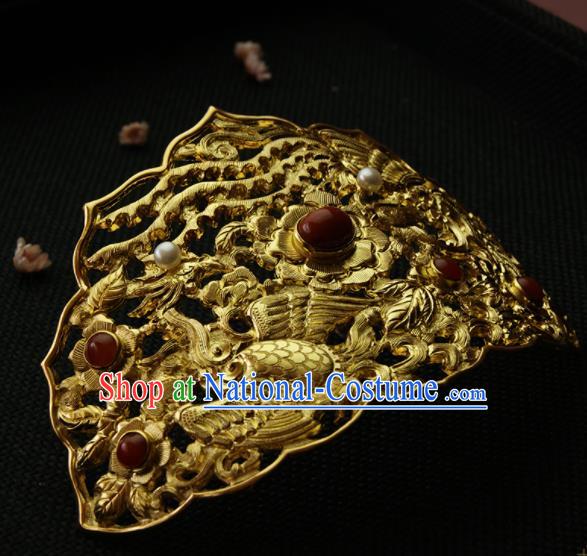 Chinese Ancient Ming Dynasty Golden Crane Phoenix Hairpins Hair Crown Traditional Hanfu Hair Accessories for Women