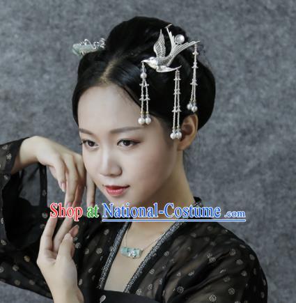 Chinese Ancient Ming Dynasty Sliver Bird Tassel Hairpins Hair Clip Traditional Hanfu Hair Accessories for Women