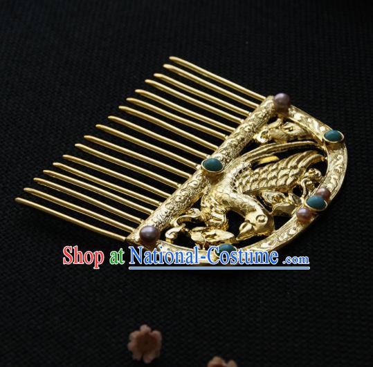 Chinese Ancient Queen Golden Carving Parrot Hair Comb Hairpins Traditional Hanfu Hair Accessories for Women