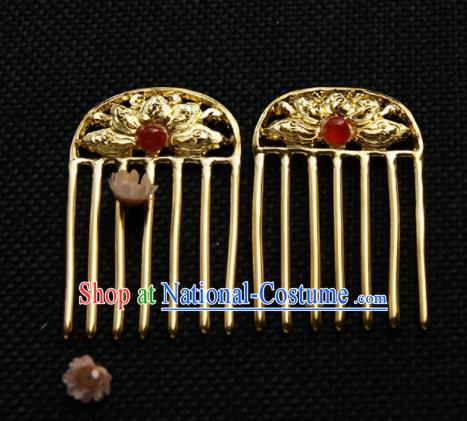 Chinese Ancient Queen Golden Carving Lotus Hair Comb Hairpins Traditional Hanfu Hair Accessories for Women