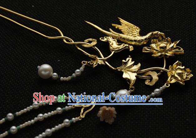 Chinese Ancient Queen Golden Carving Lotus Parrot Tassel Hairpins Traditional Hanfu Hair Accessories for Women