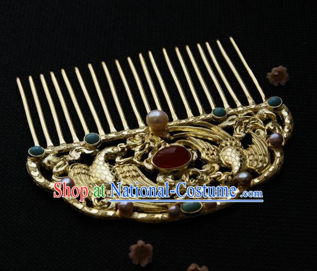 Chinese Ancient Queen Golden Carving Parrot Hair Comb Hairpins Traditional Hanfu Hair Accessories for Women