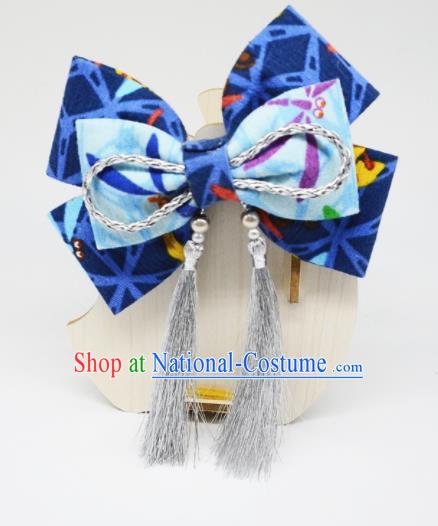 Japanese Geisha Oiran Kimono Blue Bowknot Tassel Hair Claw Hairpins Traditional Yamato Hair Accessories for Women