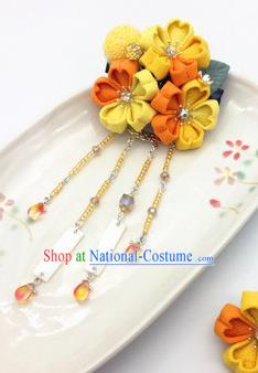 Japanese Geisha Oiran Kimono Yellow Sakura Tassel Hair Stick Hairpins Traditional Yamato Hair Accessories for Women