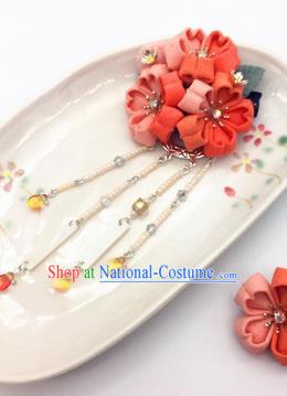 Japanese Geisha Oiran Kimono Orange Sakura Tassel Hair Stick Hairpins Traditional Yamato Hair Accessories for Women