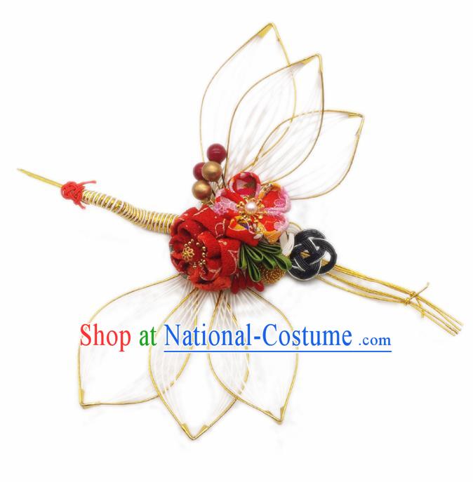 Japanese Geisha Oiran Kimono Red Sakura Crane Hair Stick Hairpins Traditional Yamato Hair Accessories for Women