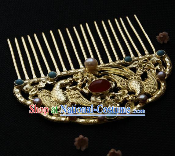 Chinese Ancient Tang Dynasty Queen Golden Parrot Agate Hair Comb Hairpins Traditional Hanfu Hair Accessories for Women