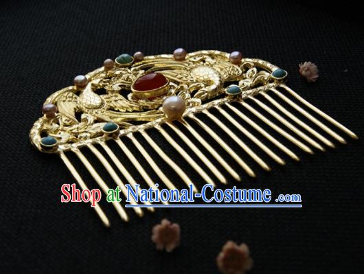 Chinese Ancient Tang Dynasty Queen Golden Parrot Agate Hair Comb Hairpins Traditional Hanfu Hair Accessories for Women