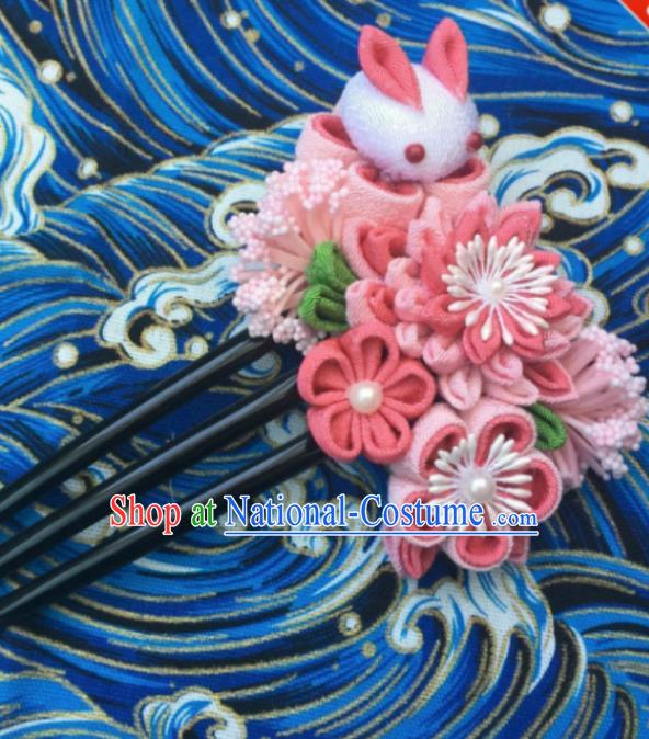 Japanese Geisha Courtesan Kimono Pink Chrysanthemum Rabbit Hairpins Traditional Yamato Hair Accessories for Women