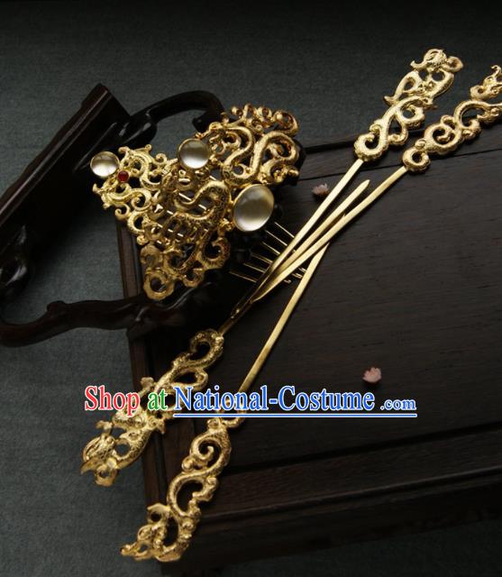 Chinese Ancient Tang Dynasty Queen Hair Comb Golden Hairpins Traditional Hanfu Hair Accessories for Women