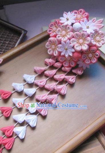 Japanese Geisha Courtesan Pink Sakura Tassel Hairpins Traditional Yamato Kimono Hair Accessories for Women