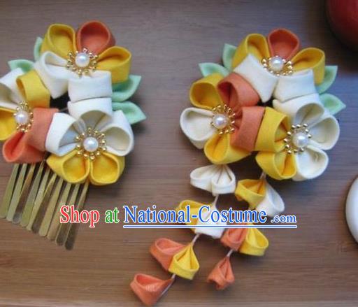 Japanese Geisha Courtesan Yellow Sakura Hair Stick Hairpins Traditional Yamato Kimono Hair Accessories for Women