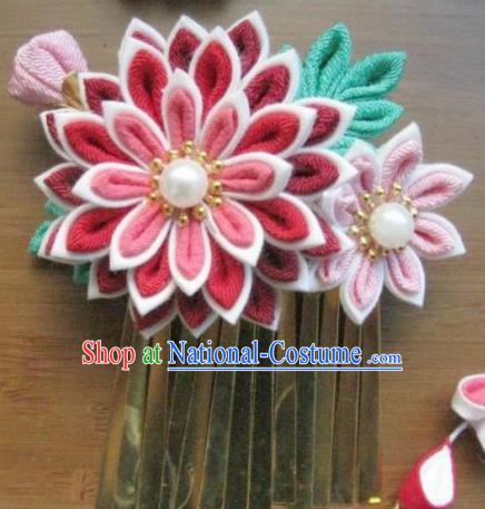 Japanese Geisha Courtesan Pink Chrysanthemum Hair Claw Hairpins Traditional Yamato Kimono Hair Accessories for Women