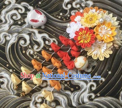 Japanese Geisha Courtesan Kimono Yellow Chrysanthemum Tassel Hair Comb Hairpins Traditional Yamato Hair Accessories for Women