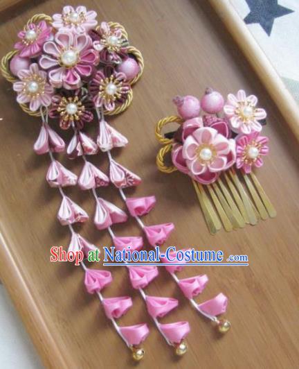 Japanese Geisha Courtesan Pink Sakura Hair Claw and Hairpins Traditional Yamato Kimono Hair Accessories for Women