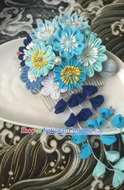 Japanese Geisha Courtesan Kimono Blue Chrysanthemum Tassel Hair Comb Hairpins Traditional Yamato Hair Accessories for Women