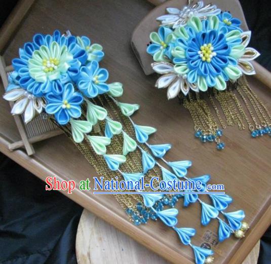 Japanese Geisha Courtesan Blue Chrysanthemum Hair Comb and Hairpins Traditional Yamato Kimono Hair Accessories for Women