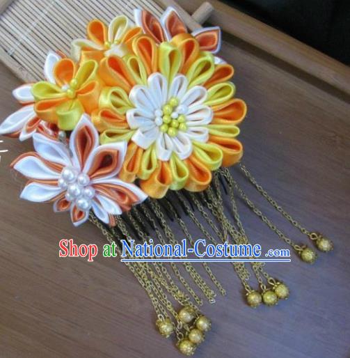 Japanese Geisha Courtesan Yellow Chrysanthemum Hair Comb Traditional Yamato Kimono Hair Accessories for Women