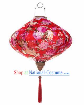 Chinese Traditional Red Silk Hanging Lantern New Year Handmade Painting Peony Palace Lanterns