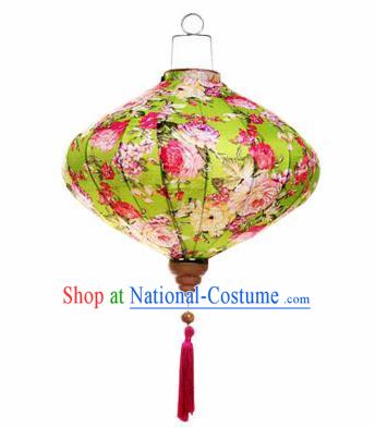 Chinese Traditional Light Green Silk Hanging Lantern New Year Handmade Painting Peony Palace Lanterns