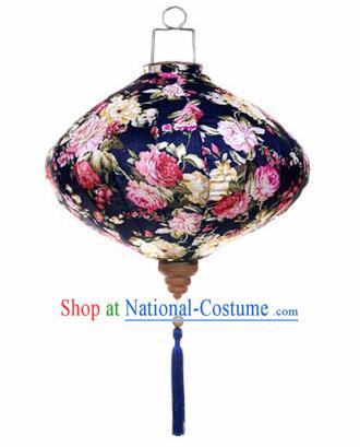 Chinese Traditional Navy Silk Hanging Lantern New Year Handmade Painting Peony Palace Lanterns