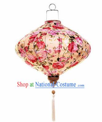 Chinese Traditional Beige Silk Hanging Lantern New Year Handmade Painting Peony Palace Lanterns