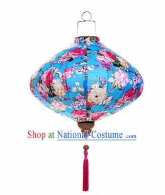 Chinese Traditional Blue Silk Hanging Lantern New Year Handmade Painting Peony Palace Lanterns