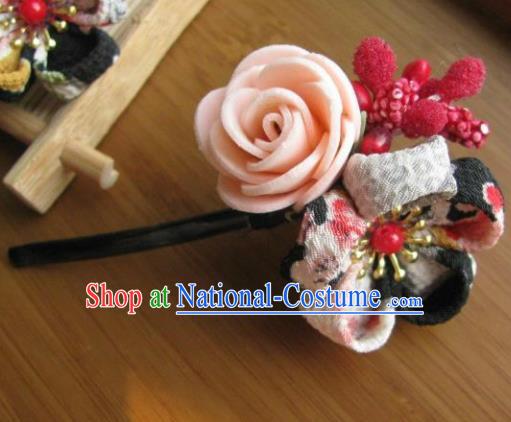 Japanese Geisha Courtesan Pink Rose Sakura Hairpin Traditional Yamato Kimono Hair Accessories for Women