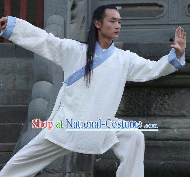 Chinese Traditional Martial Arts Blue Slant Opening Costumes Kung Fu Tai Chi Competition Clothing for Men