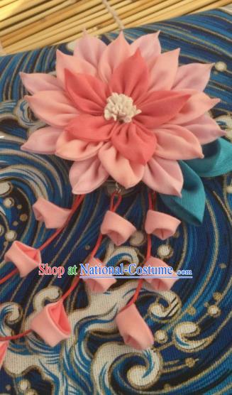 Japanese Geisha Courtesan Kimono Pink Lotus Tassel Hair Claw Hairpins Traditional Yamato Hair Accessories for Women