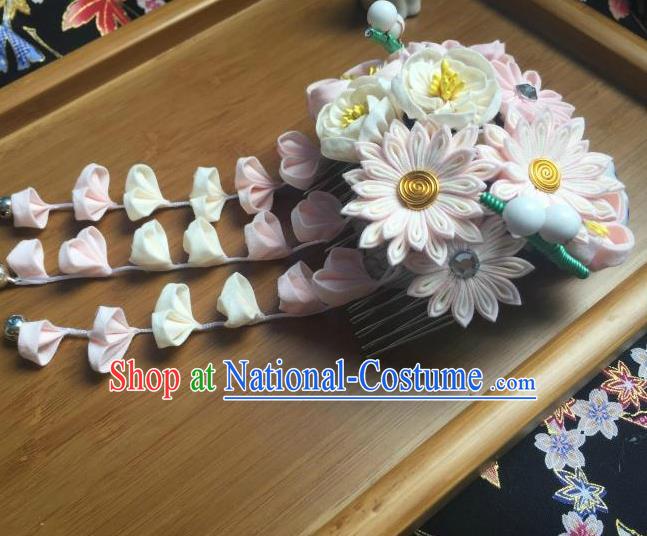 Japanese Geisha Courtesan Kimono White Chrysanthemum Tassel Hair Comb Hairpins Traditional Yamato Hair Accessories for Women