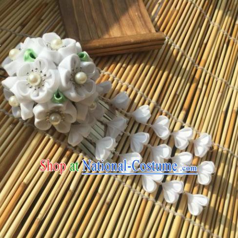 Japanese Geisha Courtesan Kimono White Sakura Tassel Hairpins Traditional Yamato Hair Accessories for Women