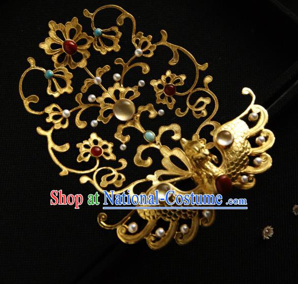 Chinese Ancient Tang Dynasty Queen Hairpins Golden Peacock Hair Crown Traditional Hanfu Hair Accessories for Women